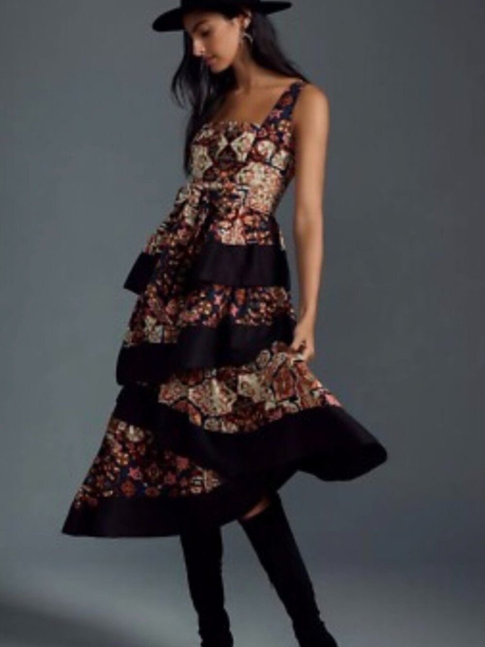 Anthropologie Floral Print Square Neck Tiered Midi Dress Sleeveless